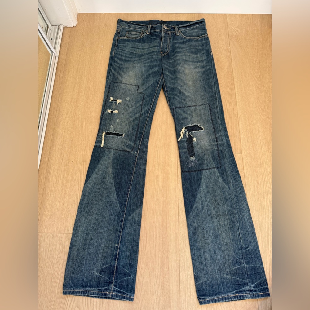 YA-YA Distressed Patch Jeans Size 27 Boho Straight Leg Denim